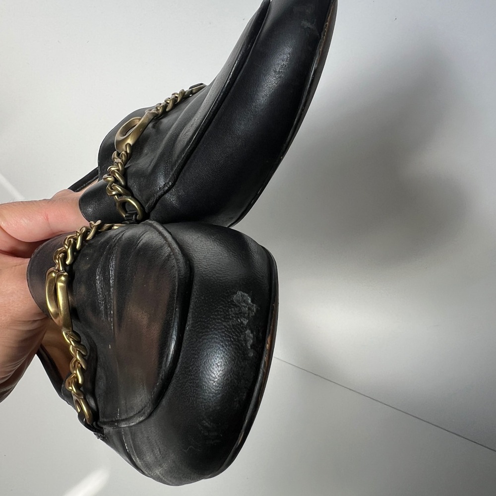 Coach Helena Loafers Size 8 Black Leather Gold Chain Link C Logo Flats Shoes - Picture 8 of 11